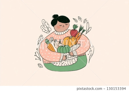 In a cozy setting, a person wearing a warm sweater holds a basket brimming with vibrant autumn vegetables including squash, carrots, and greens, celebrating the fall harvest In a cozy setting, a person wearing a warm sweater holds a basket brimming with vibrant autumn vegetables including squash, carrots, and greens, celebrating the fall harvest 130153394