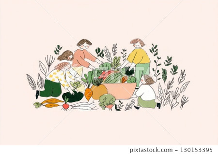 Family members of various ages gather in a sunlit garden, collecting vibrant autumn vegetables like pumpkins and carrots into a generous basket, sharing laughter and joy Family members of various ages gather in a sunlit garden, collecting vibrant autumn vegetables like pumpkins and carrots into a generous basket, sharing laughter and joy 130153395