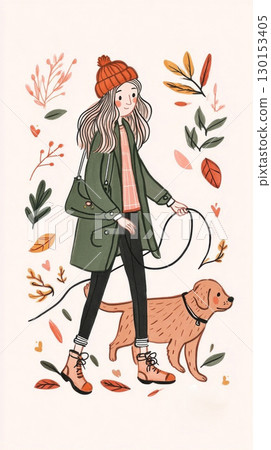 A woman in a green coat and orange beanie strolls with her golden retriever amidst colorful autumn leaves. The surroundings are filled with vibrant fall foliage creating a warm atmosphere 130153405