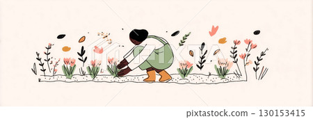 In autumn, a gardener plants crocus bulbs among vibrant flowers and foliage, embracing the season's change with colorful foliage and a nurturing spirit in a tranquil garden, banner 130153415