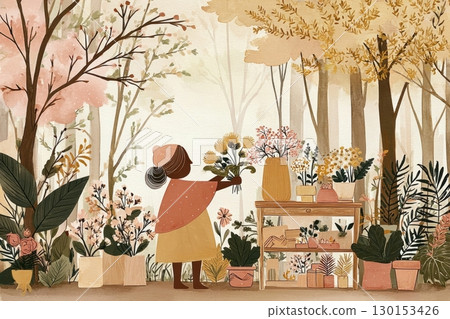 A person carefully arranges colorful chrysanthemums into a tall ceramic vase on a wooden garden table, surrounded by autumn foliage and blooming flowers, capturing the essence of fall 130153426