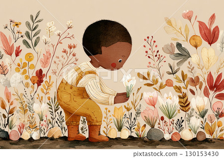 In a beautiful autumn landscape, a child kneels down, carefully placing crocus bulbs into the soil surrounded by vibrant flowers and falling leaves, creating a lovely gardening moment 130153430