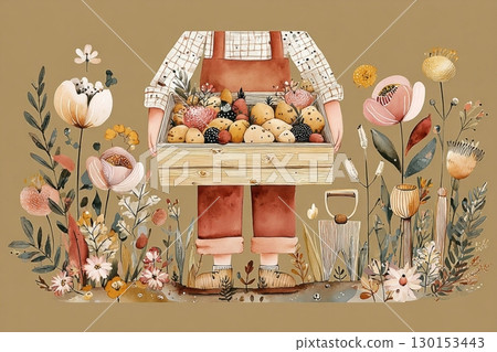 A man holds a wooden crate filled with freshly dug potatoes and onions, surrounded by the vibrant colors of fall foliage in a rural setting during autumn A man holds a wooden crate filled with freshly dug potatoes and onions, surrounded by the vibrant colors of fall foliage in a rural setting during autumn 130153443