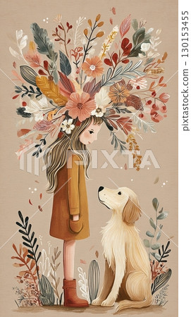 A woman in a cozy coat walks her golden retriever through a vibrant landscape filled with falling leaves and autumn flora, capturing the essence of fall's beauty 130153455