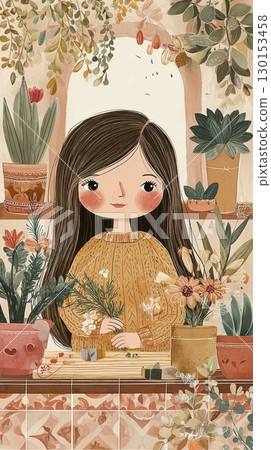 In a cozy autumn setting, a woman in a knitted cardigan carefully places freshly cut dill and parsley on a wooden drying rack surrounded by greenery and home plants 130153458