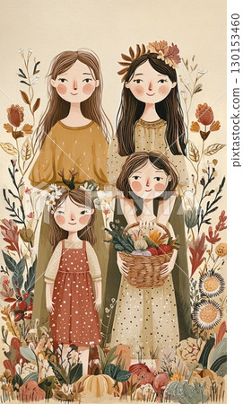 Family members of different ages enjoy collecting autumn vegetables like pumpkins and carrots in a sunlit garden filled with vibrant fall colors and cozy natural clothing 130153460