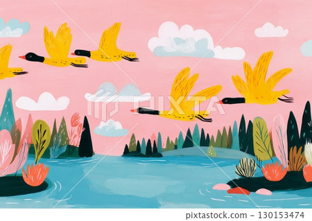 At dawn, geese glide just above a tranquil lake enveloped in mist. The sky glows with soft colors, framing the peaceful autumn landscape. Nature awakens with the day 130153474