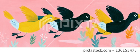 In the early morning light, geese glide just above a mist-covered lake. The autumn landscape is filled with vibrant colors, creating a peaceful, tranquil atmosphere 130153475