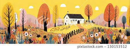 A cozy farmhouse stands amidst a vibrant autumn landscape, with colorful trees surrounding it. A person strolls along a winding path, enjoying the beauty of the fall season, banner 130153512