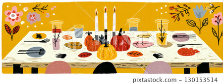 A beautifully set dining table showcases vibrant autumn leaves, white pillar candles in glass holders, and decorative pumpkins, perfect for a fall gathering with family or friends, banner 130153514