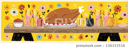 Colorful buffet spread featuring a variety of autumn dishes, laid out on a wooden picnic table, adorned with fall-themed decorations and set in a cheerful outdoor setting, banner 130153516