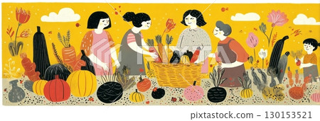 A family of mixed ages collects vibrant autumn vegetables like pumpkins, carrots, and zucchini in a sunlit garden, celebrating the season bounty and connection, banner 130153521