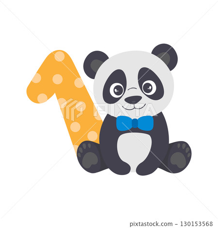 Vector illustration of cute panda holding big number one on white background. Children's birthday boy 130153568