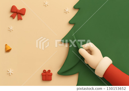 Santa hand lifting Christmas tree branch with coupon banner and copy space for holiday offers 130153652