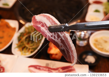 Korean BBQ. Charcoal grilled pork belly 130153653