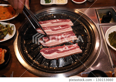 Korean BBQ. Charcoal grilled pork belly 130153660