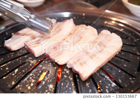 Korean BBQ. Charcoal grilled pork belly 130153667