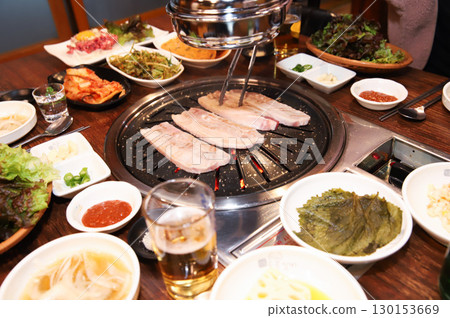 Korean BBQ. Charcoal grilled pork belly 130153669