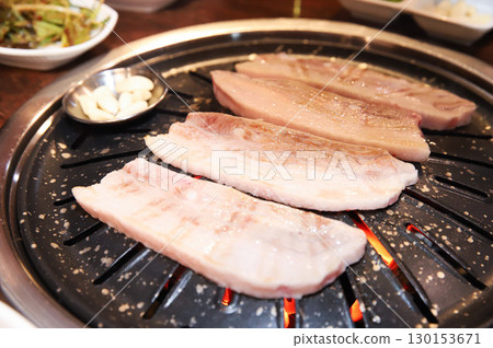 Korean BBQ. Charcoal grilled pork belly 130153671