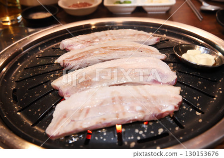 Korean BBQ. Charcoal grilled pork belly 130153676