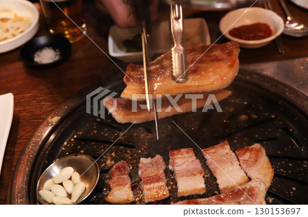 Korean BBQ. Charcoal grilled pork belly 130153697