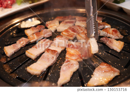 Korean BBQ. Charcoal grilled pork belly 130153716