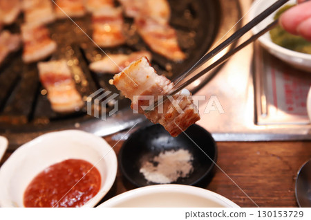 Korean BBQ. Charcoal grilled pork belly 130153729