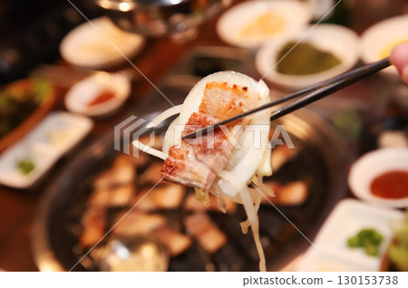 Korean BBQ. Charcoal grilled pork belly 130153738