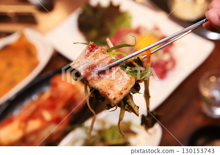 Korean BBQ. Charcoal grilled pork belly 130153743