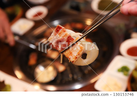 Korean BBQ. Charcoal grilled pork belly 130153746