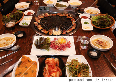 Korean BBQ. Charcoal grilled pork belly 130153748