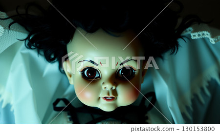 Creepy doll with dark hair for horror concept art and halloween decor. AI generation Creepy doll with dark hair for horror concept art and halloween decor. AI generation 130153800