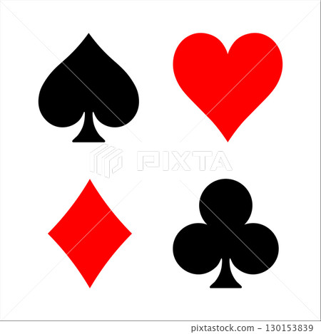 Four iconic poker suit symbols including spade, heart, diamond, and club are arranged neatly on a plain background, showcasing their design and vibrant colors. Casino gambling theme vector symbol. 130153839