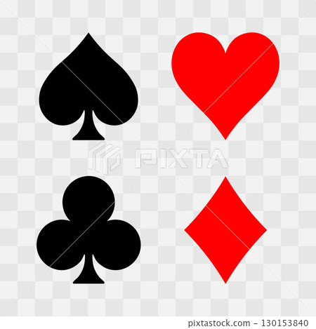 Four iconic poker suit symbols including spade, heart, diamond, and club are arranged neatly on a plain background, showcasing their design and vibrant colors. Casino gambling theme vector symbol. 130153840