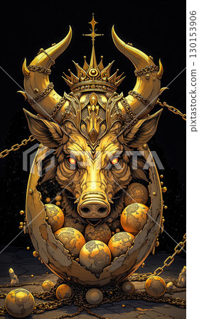 Golden boar deity emerging from an egg. A golden boar with glowing eyes emerges from a cracked egg. Golden boar deity emerging from an egg. A golden boar with glowing eyes emerges from a cracked egg. 130153906