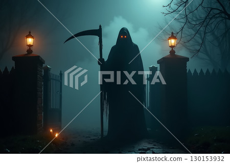 Eerie halloween scene with grim reaper for spooky poster design. AI generation Eerie halloween scene with grim reaper for spooky poster design. AI generation 130153932