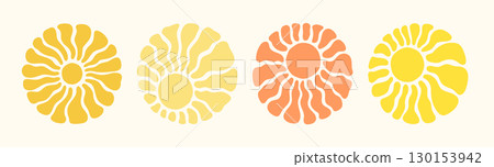 Retro sun or flower pattern set in yellow and orange with groovy abstract wavy rays on a light background. Sun or groovy daisy flower round shaped icons. Great for summer prints, posters, and icons Retro sun or flower pattern set in yellow and orange with groovy abstract wavy rays on a light background. Sun or groovy daisy flower round shaped icons. Great for summer prints, posters, and icons 130153942