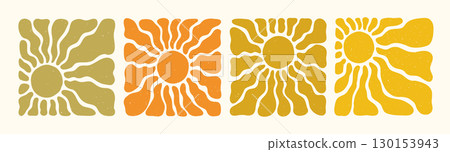 Retro sun or flower organic pattern set in earthy yellow and orange with groovy abstract wavy rays and textured background. Sun patterns with square layout. Perfect for posters, fabric, and summer Retro sun or flower organic pattern set in earthy yellow and orange with groovy abstract wavy rays and textured background. Sun patterns with square layout. Perfect for posters, fabric, and summer 130153943