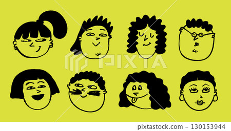 Chalk doodle emoji with playful cartoon expressions in hand-drawn crayon style on yellow background. Face doodle with simple smiles and unique characters in vector. Great for stickers, posters, kids. Chalk doodle emoji with playful cartoon expressions in hand-drawn crayon style on yellow background. Face doodle with simple smiles and unique characters in vector. Great for stickers, posters, kids. 130153944