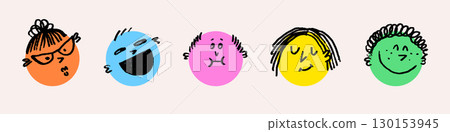 Crayon emoji face doodle with colorful cartoon heads and playful smiles in hand-drawn style. Smile emoji doodle vector with happy expressions. Perfect for stickers, kids prints, social media design Crayon emoji face doodle with colorful cartoon heads and playful smiles in hand-drawn style. Smile emoji doodle vector with happy expressions. Perfect for stickers, kids prints, social media design 130153945