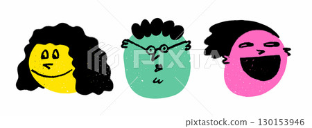 Emoji crayon face doodle set with three cartoon heads in chalk texture. Face emoji icons with funny smiles. Great for stickers, kids art, social media. 130153946