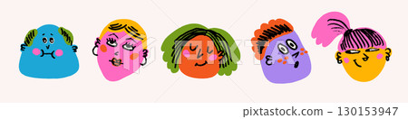 Face smile icon vector set with doodle style and bright colors. Emoji illustration with happy expressions in cartoon crayon look. Perfect for stickers, kids projects, prints. Face smile icon vector set with doodle style and bright colors. Emoji illustration with happy expressions in cartoon crayon look. Perfect for stickers, kids projects, prints. 130153947