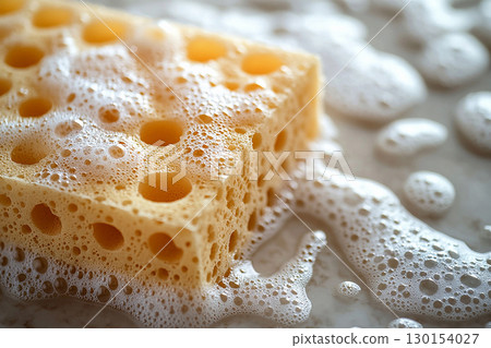 Cleaning products. Yellow sponge with cleaning agent wiping a ceramic tile with soap bubbles. Close-up. Cleaning products. Yellow sponge with cleaning agent wiping a ceramic tile with soap bubbles. Close-up. 130154027