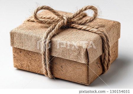 Kraft paper with a twine bow. Minimalist brown Kraft Gift Box with twine bow on white background. Kraft paper with a twine bow. Minimalist brown Kraft Gift Box with twine bow on white background. 130154031