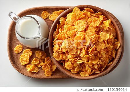 Homemade breakfast. Top view of a tray of cornflakes on a bowl and milk jug on a white background. Classic breakfast. Homemade breakfast. Top view of a tray of cornflakes on a bowl and milk jug on a white background. Classic breakfast. 130154034