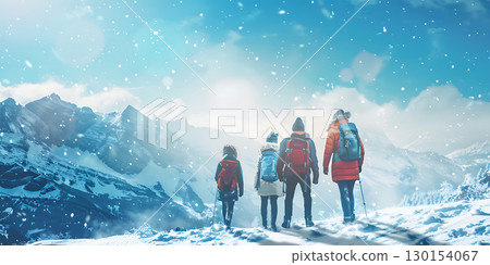 Four tourists during winter background, World Tourism Day - Ai Generated 130154067