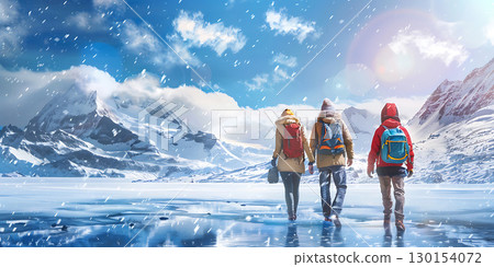 Four tourists during winter background, World Tourism Day - Ai Generated 130154072