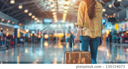Full shot of Young woman hand holding luggage handle in airport background, World Tourism Day - Ai Generated 130154073