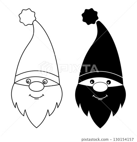 Cute Gnome Face Outline and Silhouette Vector Illustration. A cheerful gnome face with a long beard and a tall pointed hat with a fluffy pom-pom at the top. 130154157