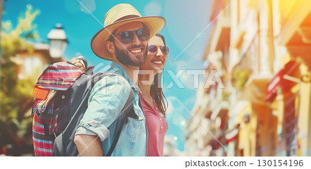Happy tourist couple on a sightseeing tour enjoys the panoramic view of the skyline background,, World Tourism Day - Ai Generated Happy tourist couple on a sightseeing tour enjoys the panoramic view of the skyline background,, World Tourism Day - Ai Generated 130154196